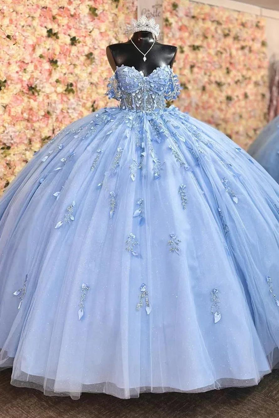Elegant Ball Gown Off Shoulder Flowers Appliques Beaded Sky Blue Tulle Quinceanera Dress For Sweet 16