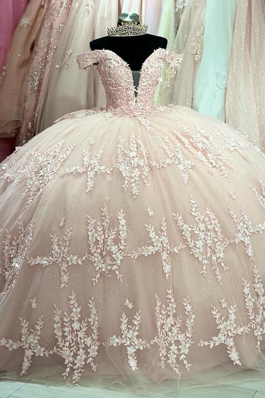 Elegant Ball Gown Off Shoulder Lace Appliques Bow Knot Pink Tulle Quinceanera Dress Princess Birthday Party For Sweet 16