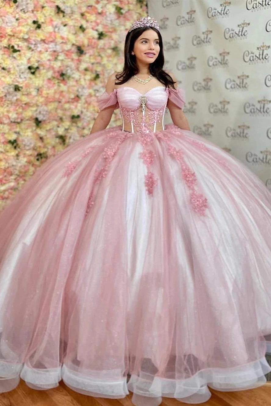 Elegant Ball Gown Off Shoulder Long Sleeves Lace Appliques Sweep Train Pink Tulle Quinceanera Dress For Sweet 16