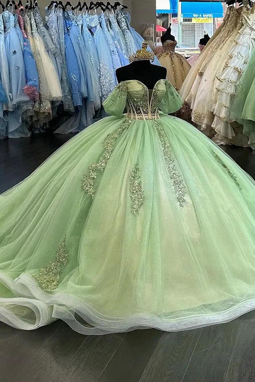 Elegant Ball Gown Off Shoulder Sequins Lace Appliques Princess Sage Green Tulle Quinceanera Dress For Sweet 16