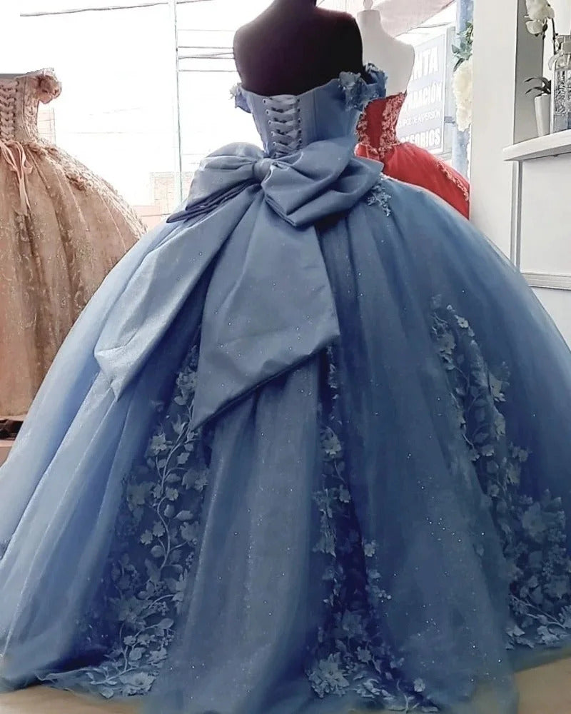 Elegant Ball Gown Off Shoulder Sleeveles 3D Flower Lace Appliques Beaded Blue Tulle Quinceanera Dress For Sweet 16