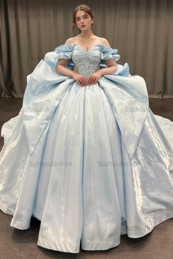 Elegant Ball Gown Off Shoulder Sleeveless Beaded Sequins Appliques Pleated Big Bow Knot Baby Blue Satin Quinceanera Dress Birthday Party Dress For Sweet 16
