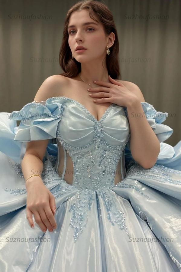 Elegant Ball Gown Off Shoulder Sleeveless Beaded Sequins Appliques Pleated Big Bow Knot Baby Blue Satin Quinceanera Dress Birthday Party Dress For Sweet 16