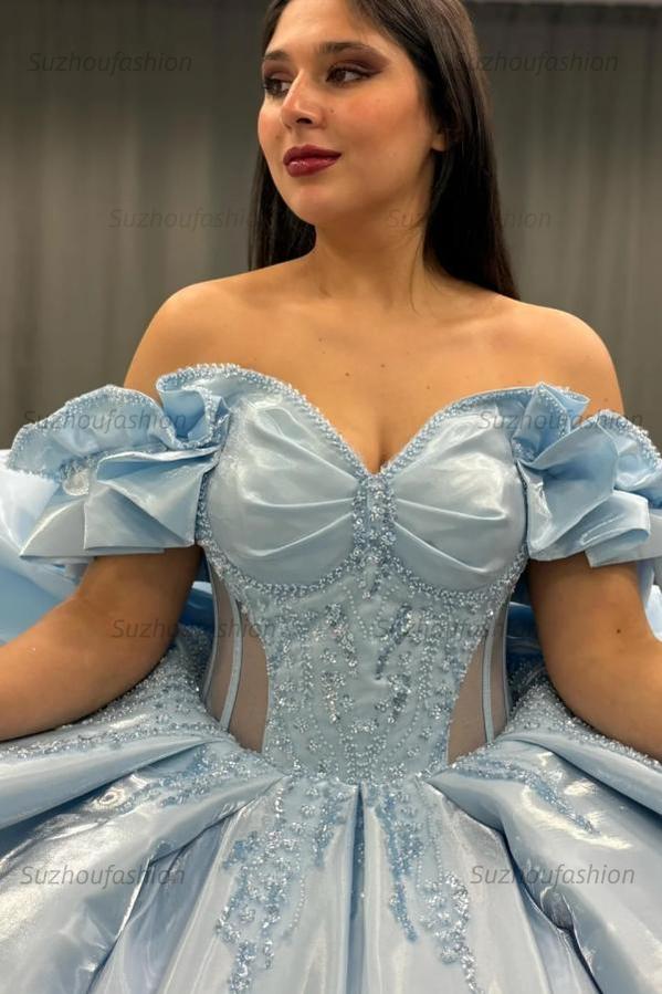 Elegant Ball Gown Off Shoulder Sleeveless Beaded Sequins Appliques Pleated Big Bow Knot Baby Blue Satin Quinceanera Dress Birthday Party Dress For Sweet 16