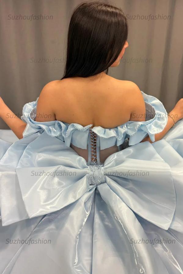 Elegant Ball Gown Off Shoulder Sleeveless Beaded Sequins Appliques Pleated Big Bow Knot Baby Blue Satin Quinceanera Dress Birthday Party Dress For Sweet 16
