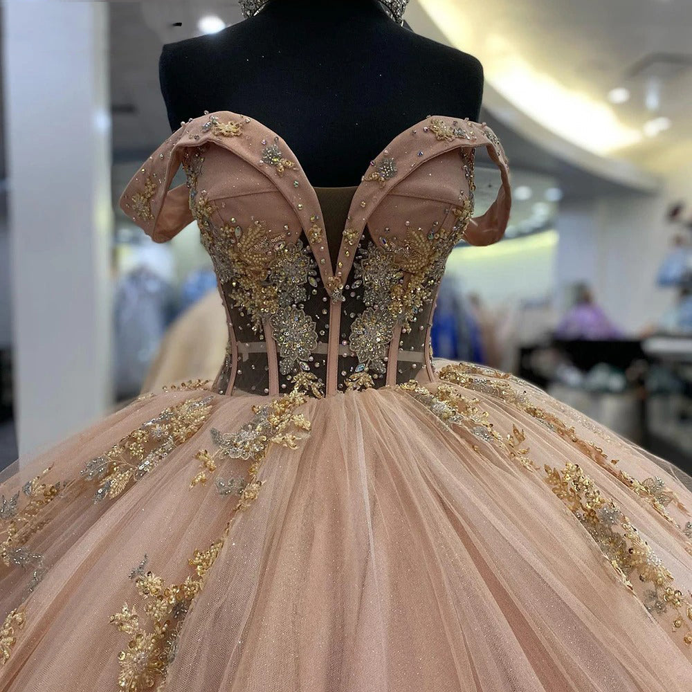 Elegant Ball Gown Off Shoulder Sleeveless Lace Sequins Appliques Beaded Sweep Train Rose Pink Tulle Quinceanera Dress Princess Gown For Sweet 16