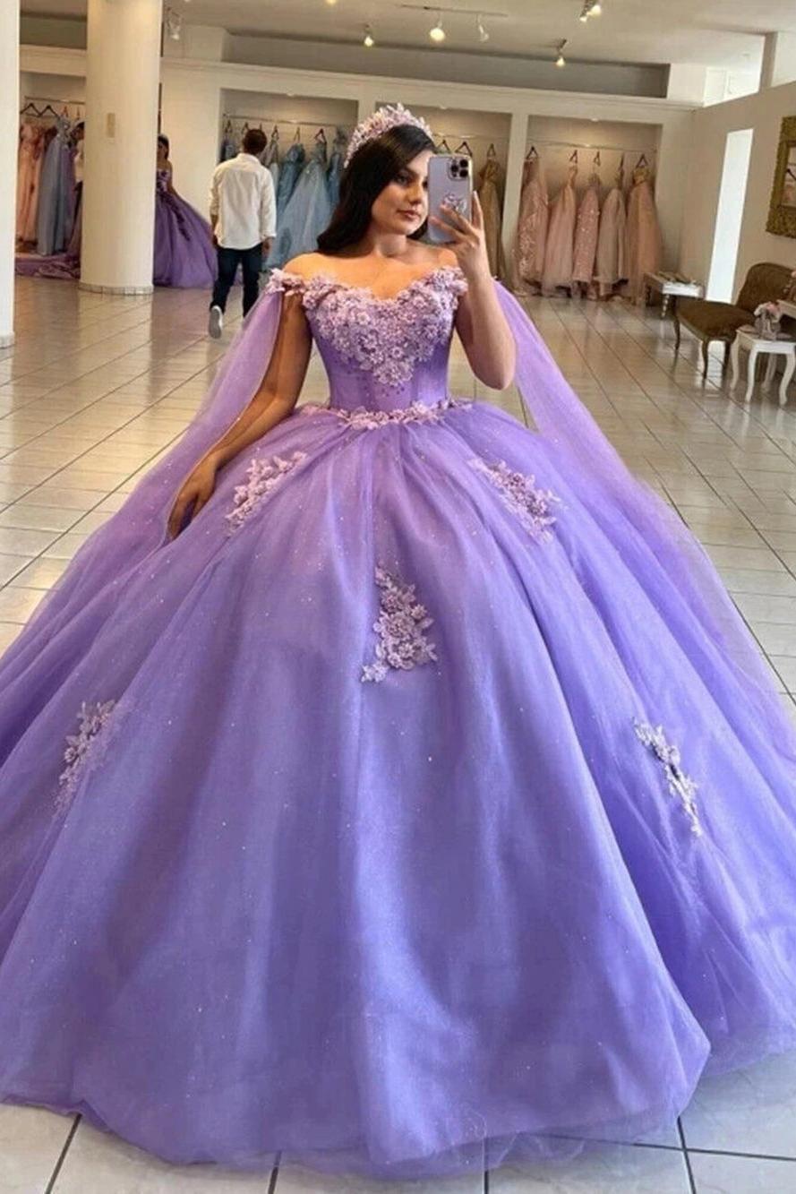 Elegant Ball Gown Strapless 3D Flower Lace Appliques Lavender Tulle Quinceanera Dress Off Shoulder For Sweet 16
