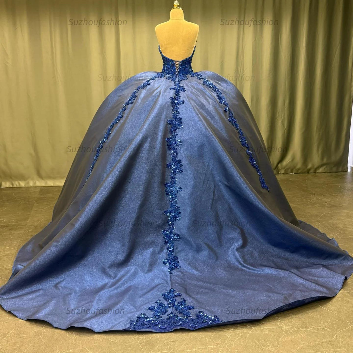 Elegant Ball Gown Strapless Sleeveless Sequins Appliques Pleated Glitter Dark Navy Satin Quinceanera Dress Formal Evening Dress For Sweet 16