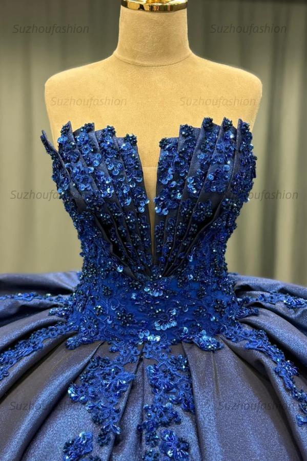 Elegant Ball Gown Strapless Sleeveless Sequins Appliques Pleated Glitter Dark Navy Satin Quinceanera Dress Formal Evening Dress For Sweet 16