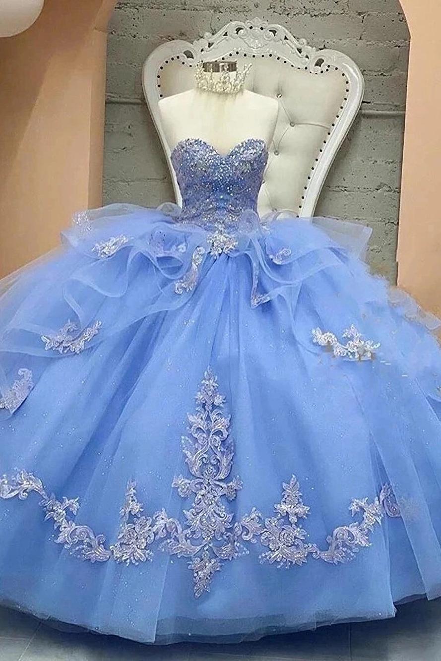 Elegant Ball Gown Strapless Sleeveless Tiered Lace Appliques Light Blue Tulle Quinceanera Dress For Sweet 16