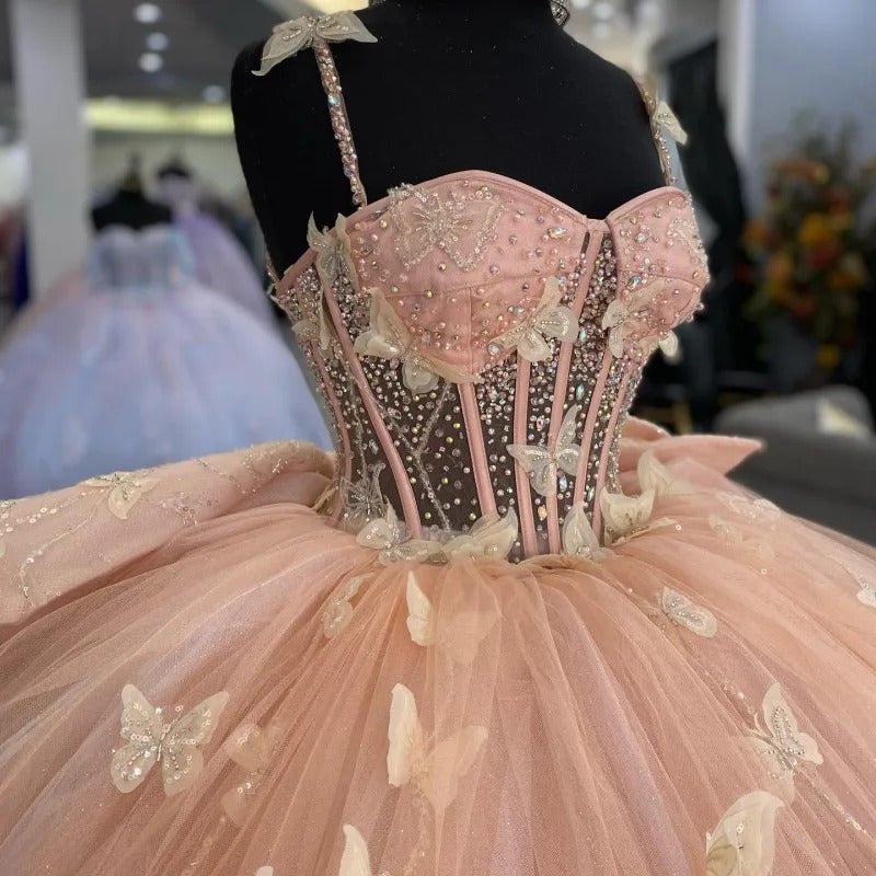 Elegant Ball Gown Strapless Spaghetti Straps 3D Butterflies Appliques Bow Knot Pink Tulle Princess Evening Dress Quinceanera Dress For Sweet 16