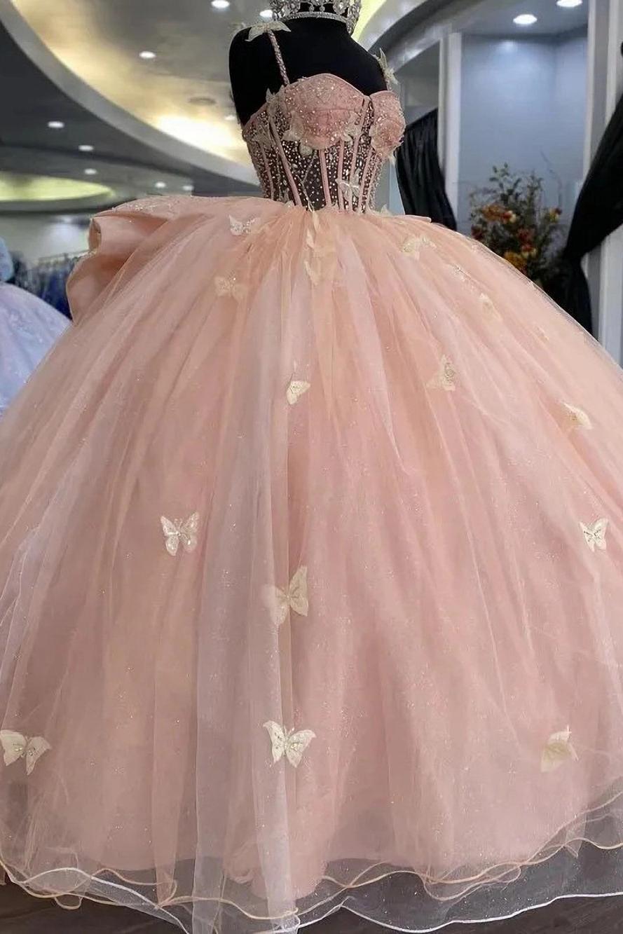 Elegant Ball Gown Strapless Spaghetti Straps 3D Butterflies Appliques Bow Knot Pink Tulle Princess Evening Dress Quinceanera Dress For Sweet 16