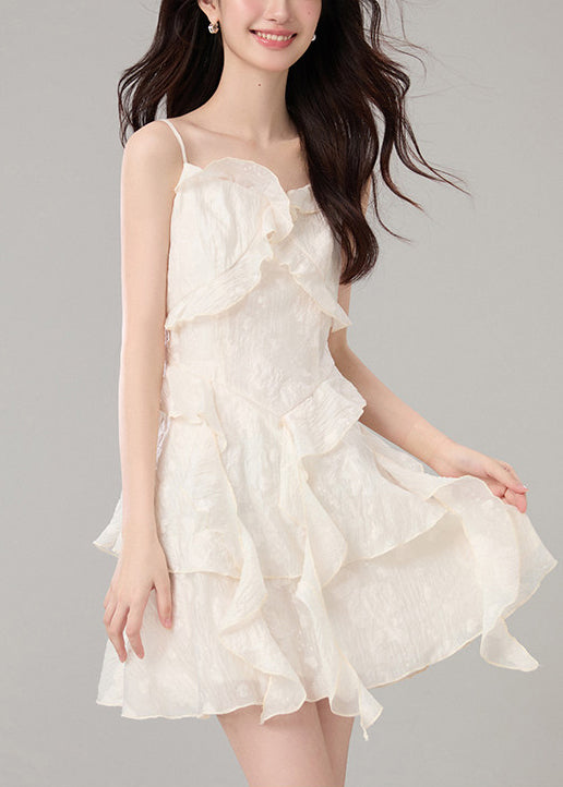 Elegant Beige Ruffled Jacquard Cotton Sundress Summer