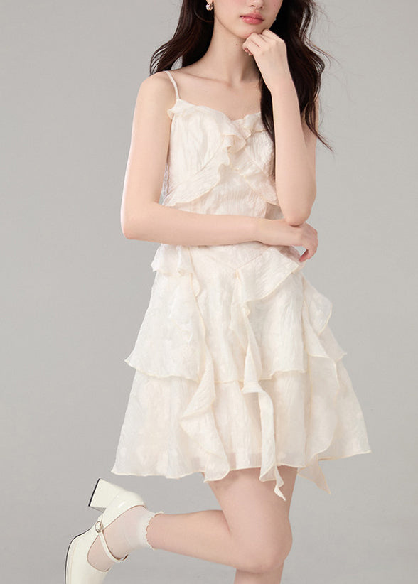 Elegant Beige Ruffled Jacquard Cotton Sundress Summer