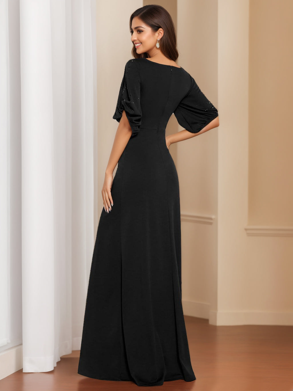 Elegant Black Long Mother of the Bride Dress with Round Neck and Half Sleeves