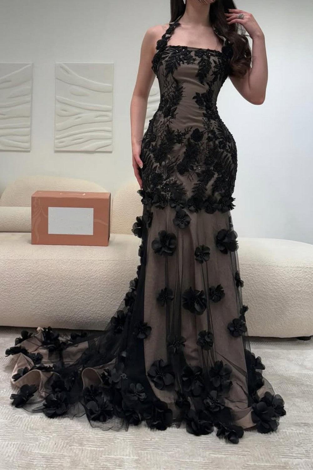 Black Illusion Floral Halter Mermaid Prom Dress With 3D Appliques Formal Evening Gown
