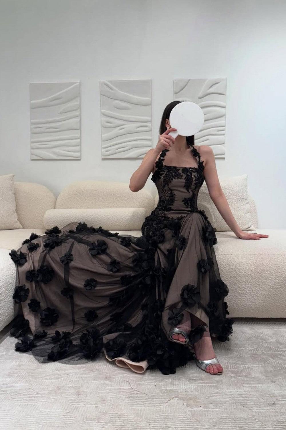Black Illusion Floral Halter Mermaid Prom Dress With 3D Appliques Formal Evening Gown
