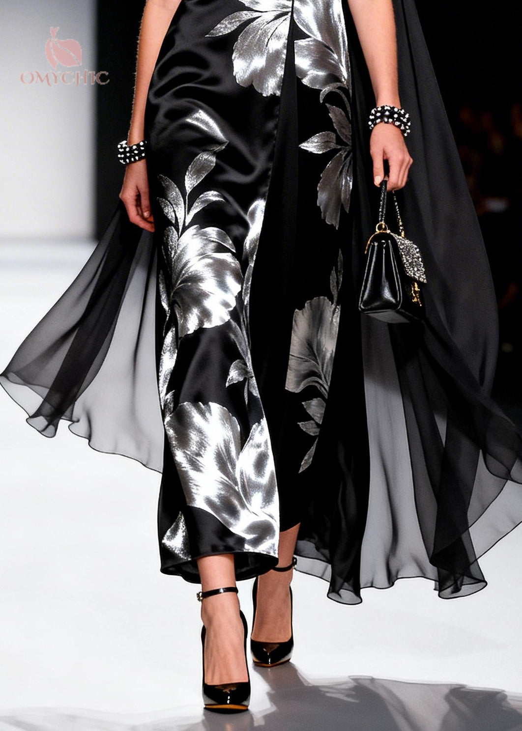 Elegant Black Jacquard Patchwork Shawl Silk Party Dress Summer