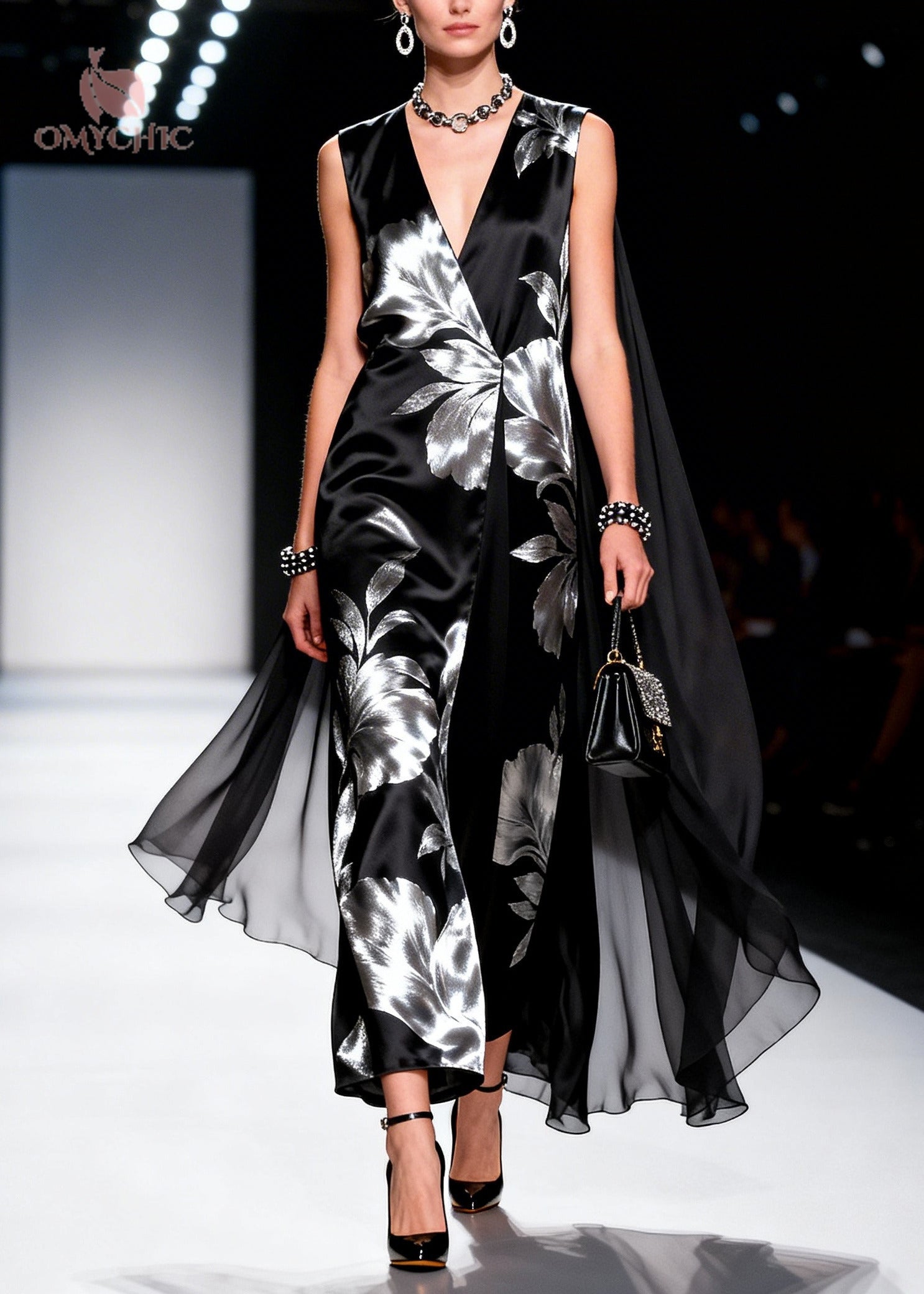 Elegant Black Jacquard Patchwork Shawl Silk Party Dress Summer