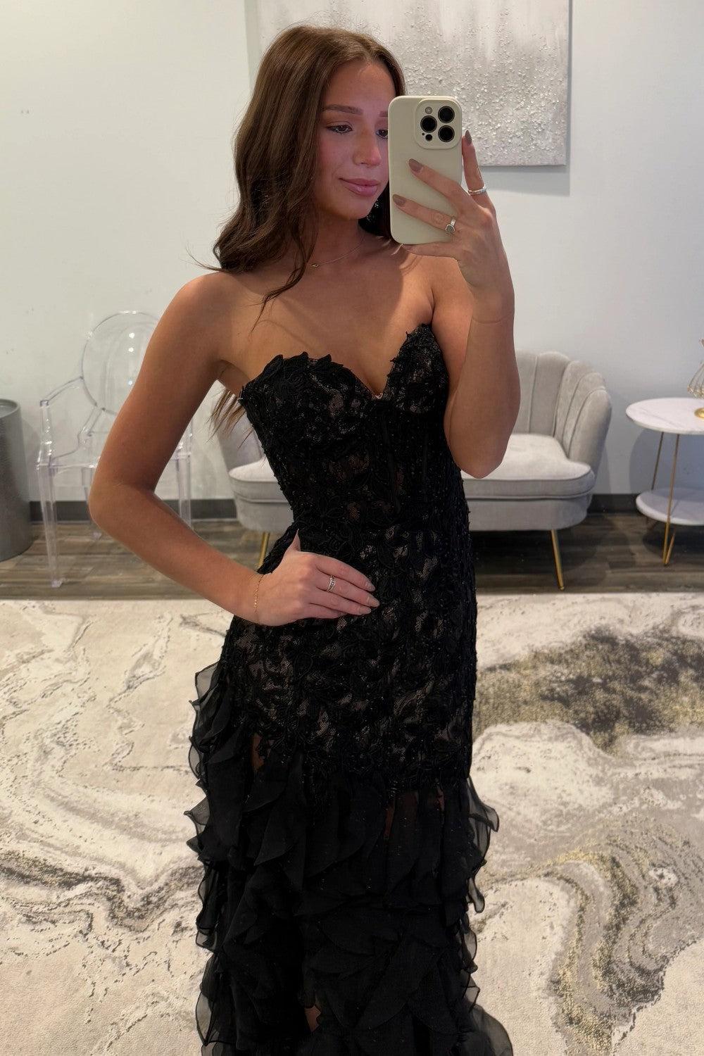 Black Sweetheart Mermaid Lace Prom Dress With Ruffle Skirt Formal Evening Gown