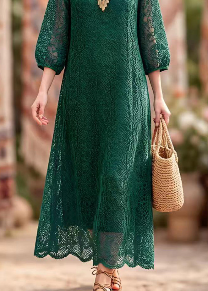 Elegant Blackish Green O Neck Hollow Out Lace Dresses Summer
