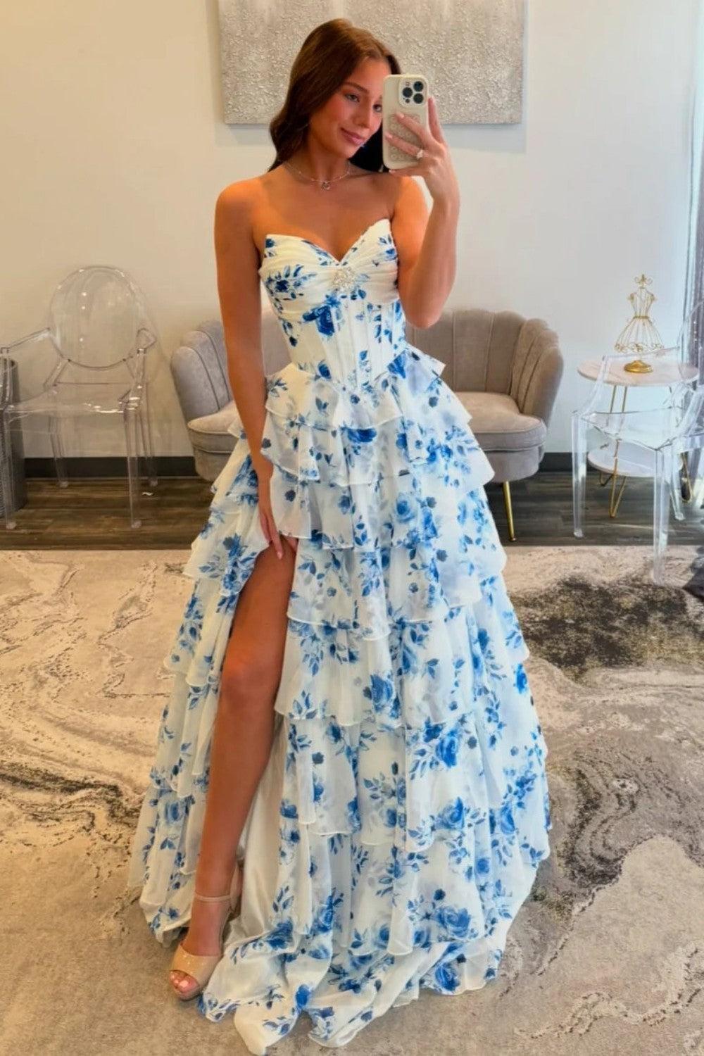 Blue Floral Sweetheart Tiered Prom Dress With Corset Bodice Formal Evening Gown