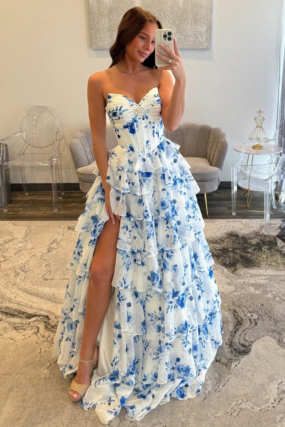 Blue Floral Sweetheart Tiered Prom Dress With Corset Bodice Formal Evening Gown