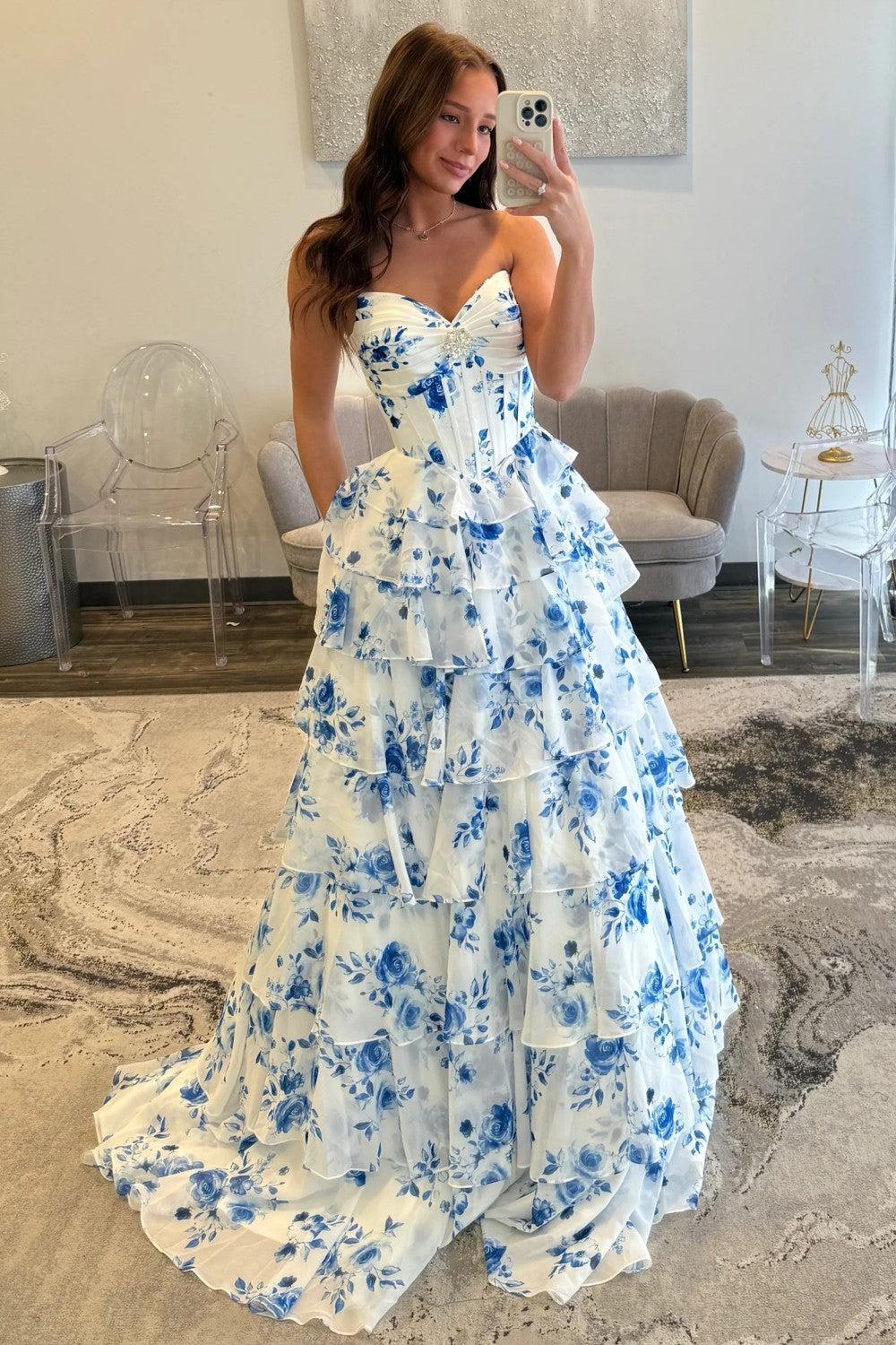 Blue Floral Sweetheart Tiered Prom Dress With Corset Bodice Formal Evening Gown