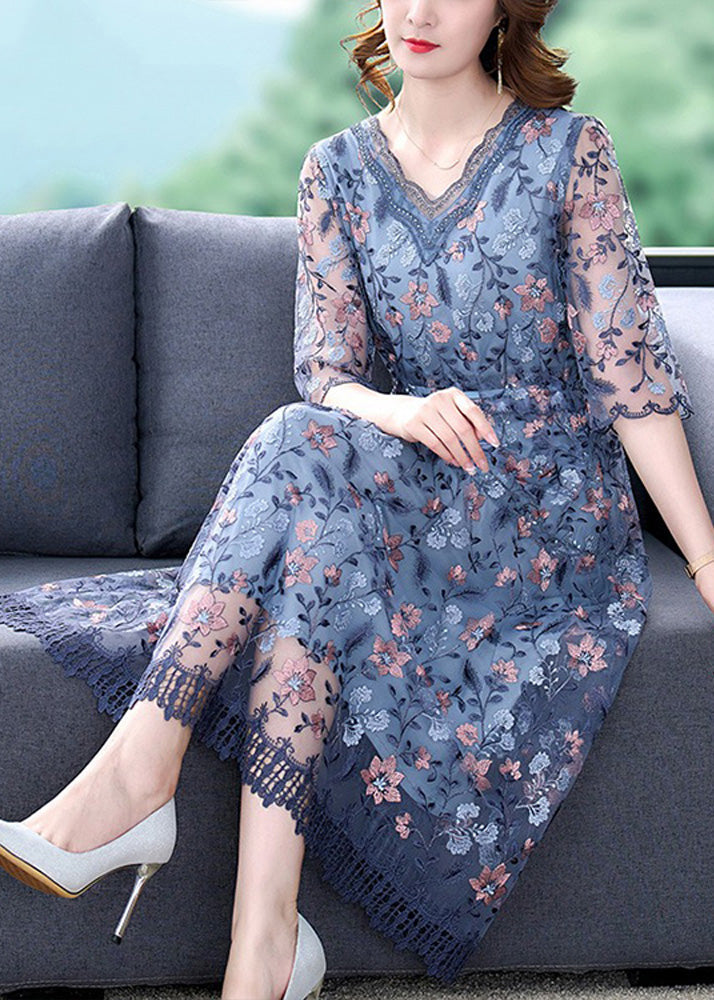 Elegant Blue V Neck Embroideried Ruffled Tie Waist Tulle Long Dresses Half Sleeve