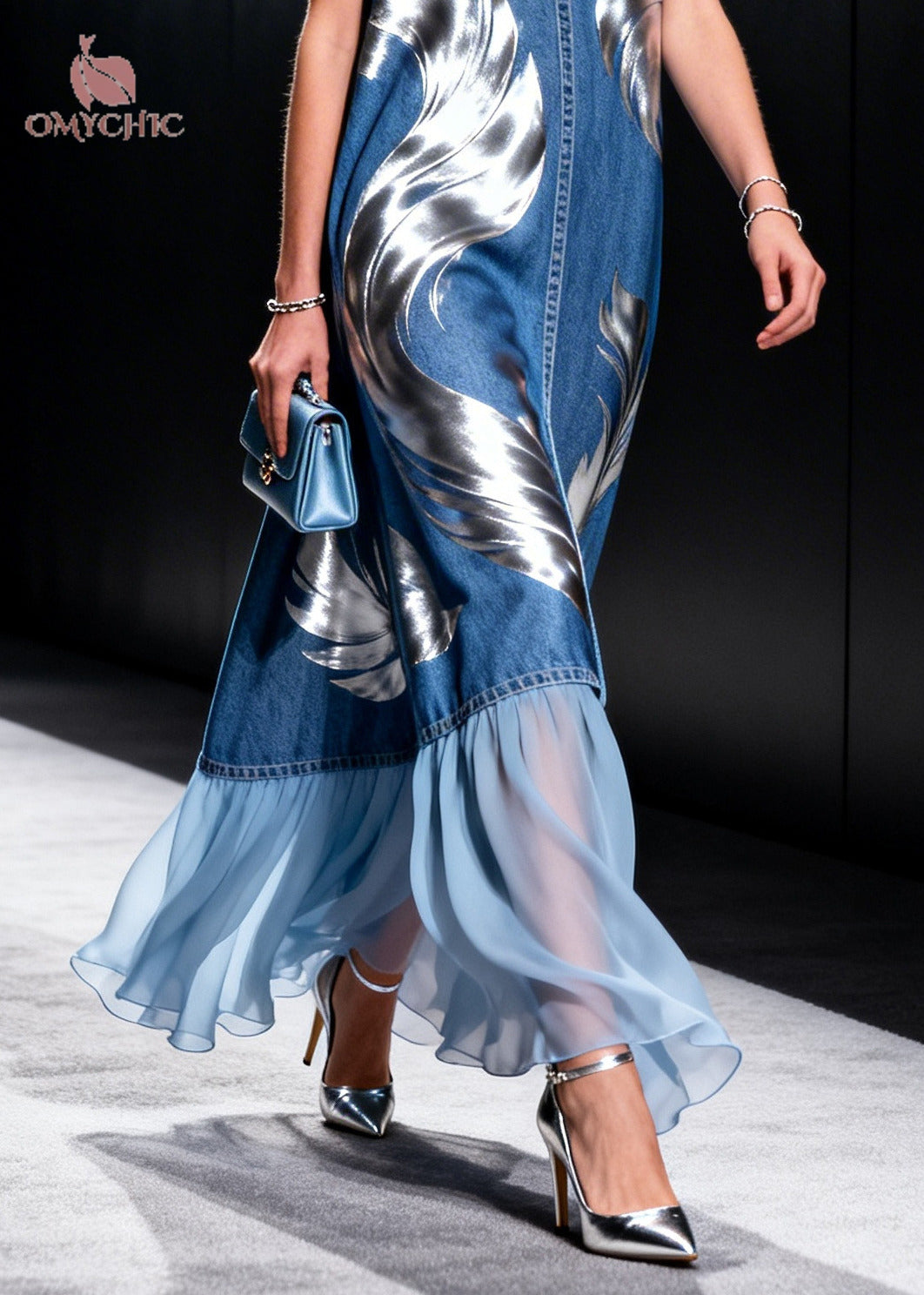 Elegant Blue V Neck Patchwork Print Denim Holiday Dresses Sleeveless