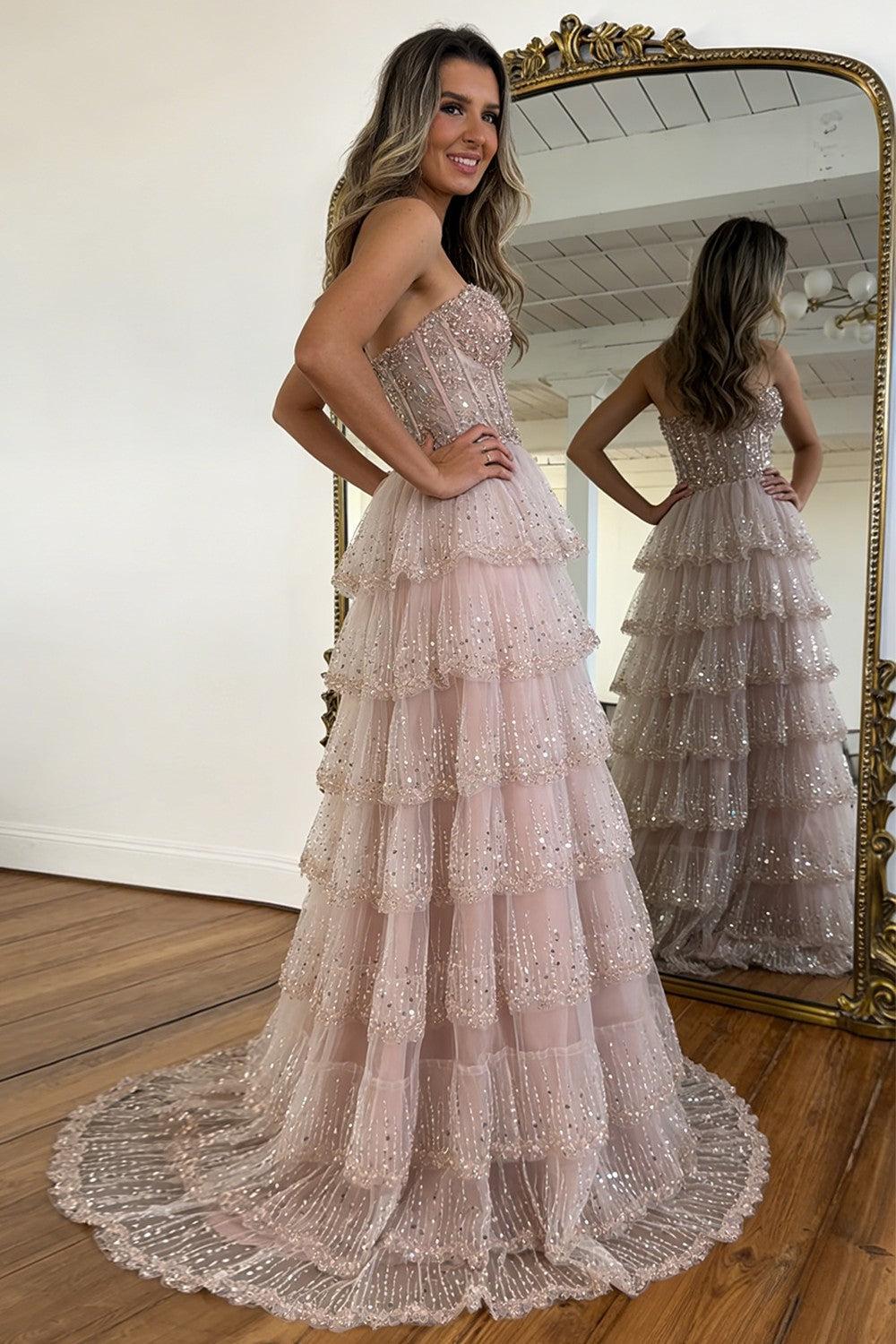 Suzhoufashion Blush Pink Sweethear Lace Up Tiered Tulle Prom Dress With Sparkle Formal Evening Gown