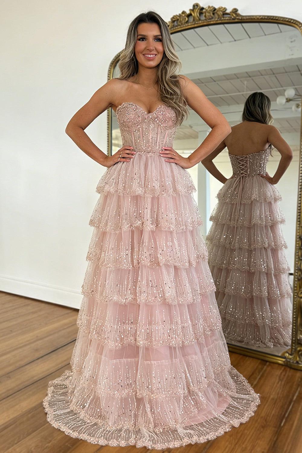 Suzhoufashion Blush Pink Sweethear Lace Up Tiered Tulle Prom Dress With Sparkle Formal Evening Gown