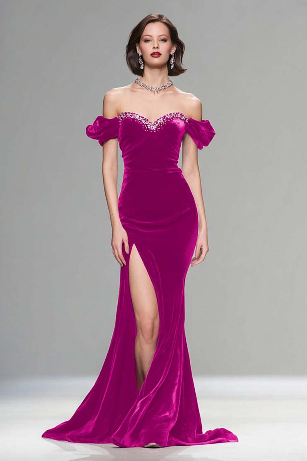Suzhoufashion Elegant Burgundy Mermaid Long Velvet Holiday Party Dress With Beading