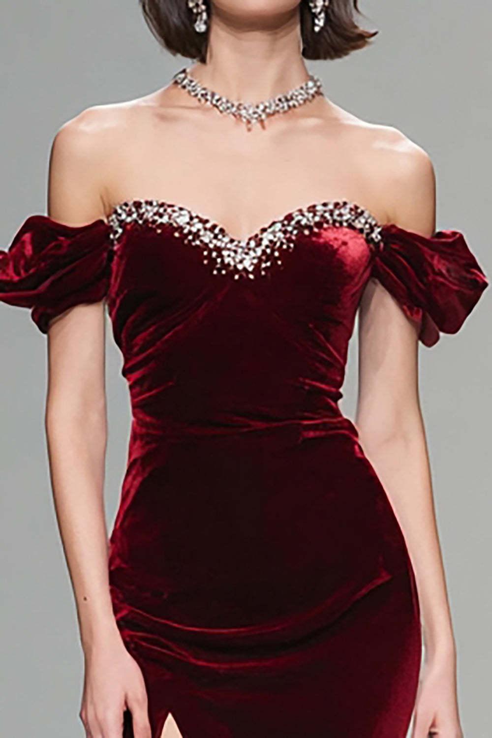 Suzhoufashion Elegant Burgundy Mermaid Long Velvet Holiday Party Dress With Beading
