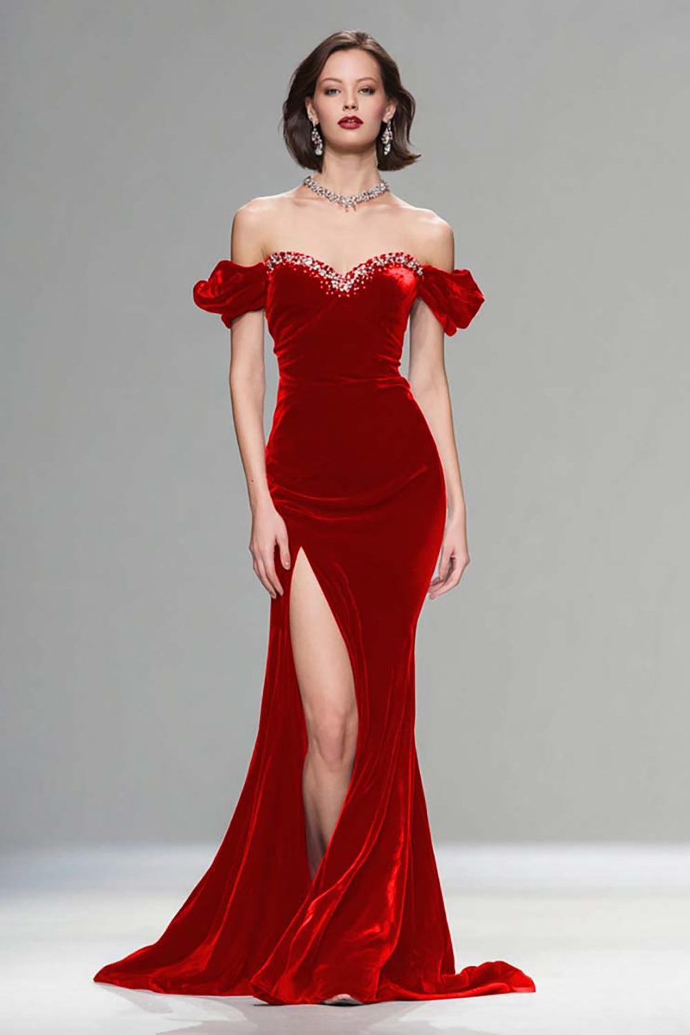Suzhoufashion Elegant Burgundy Mermaid Long Velvet Holiday Party Dress With Beading