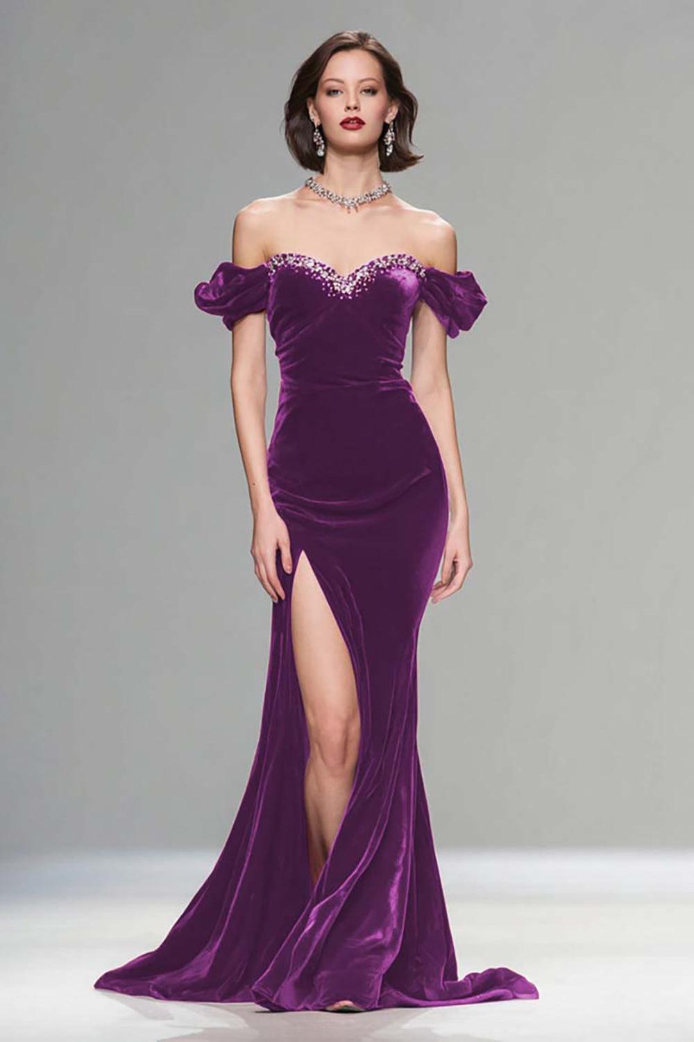 Suzhoufashion Elegant Burgundy Mermaid Long Velvet Holiday Party Dress With Beading