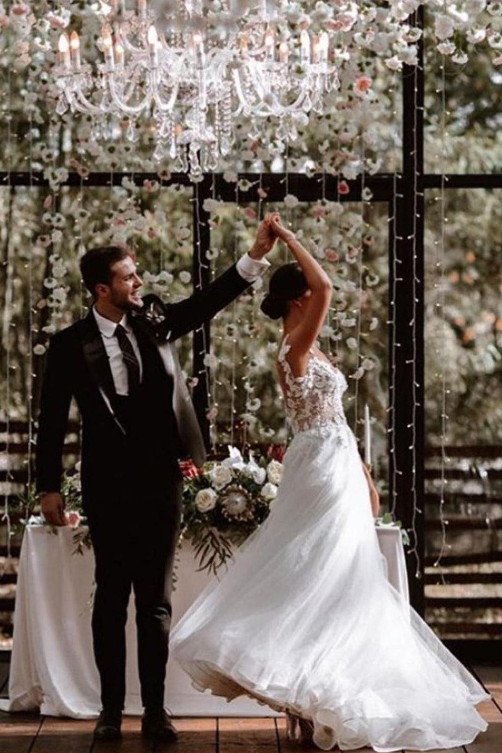 Elegant Cap Sleeve Tulle Lace Simple Wedding Dress White Floor Length Garden Bridal Gown