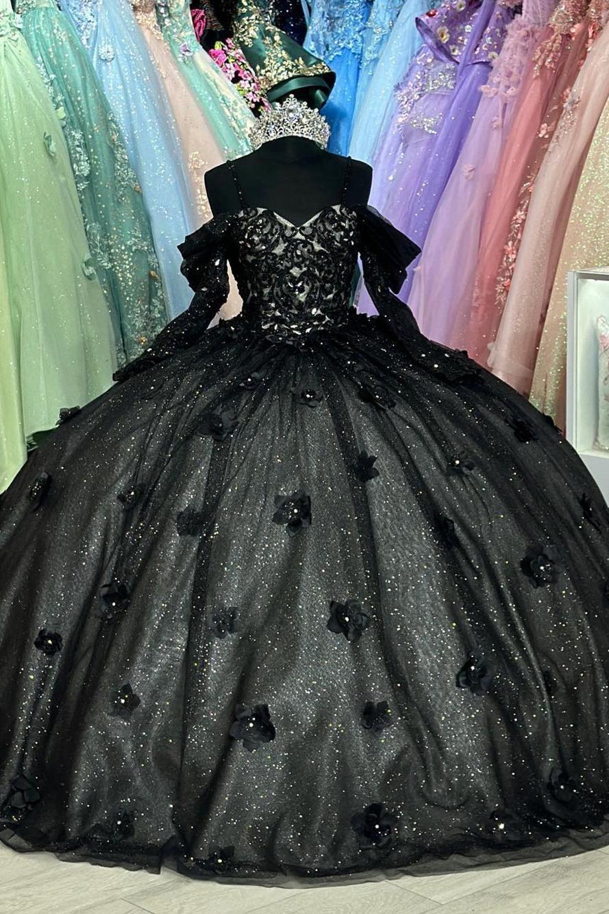 Elegant & Chic Ball Gown Off Shoulder Sweetheart Neck Long Sleeves Flowers Appliques Black Tulle Princess Quinceanera Dresses Evening Party Gown For Sweet 16