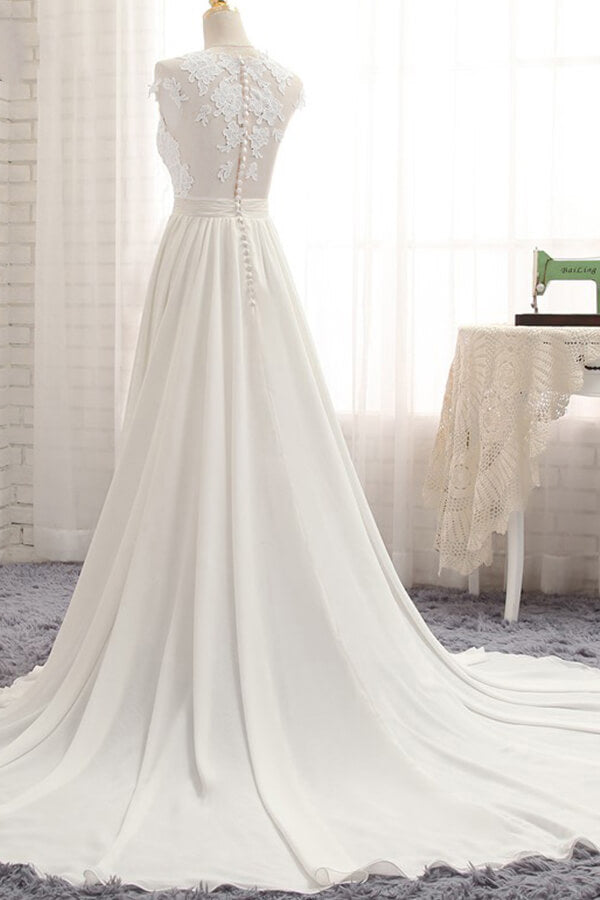 Elegant Chiffon Sleeveless Appliques Beach Wedding Dress | A-line Jewel White Bridal Gowns