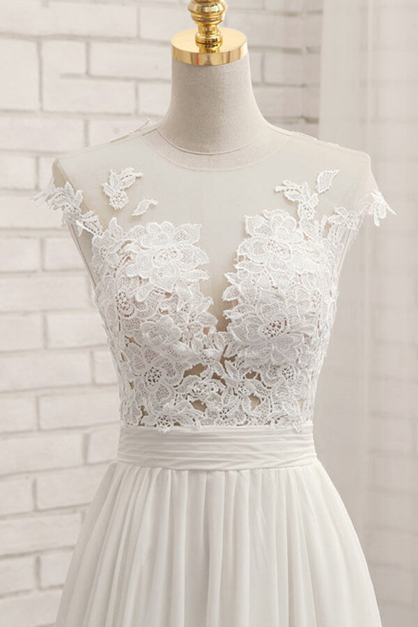 Elegant Chiffon Sleeveless Appliques Beach Wedding Dress | A-line Jewel White Bridal Gowns