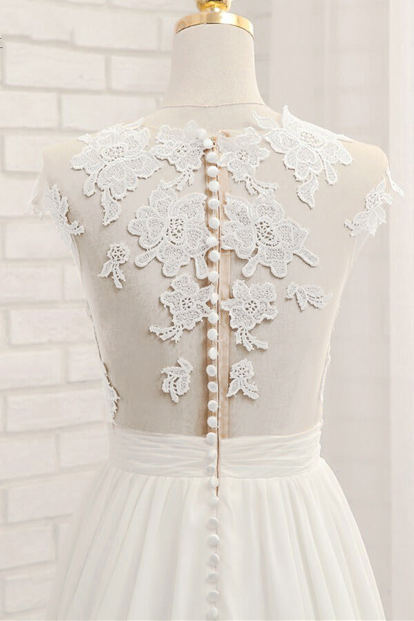 Elegant Chiffon Sleeveless Appliques Beach Wedding Dress | A-line Jewel White Bridal Gowns