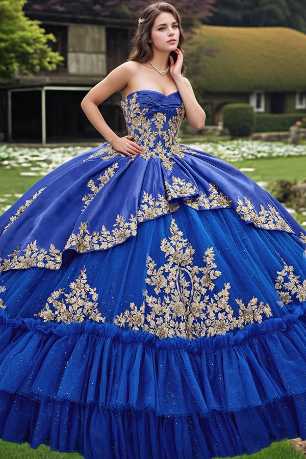 Elegant & Classic Ball Gown Sweetheart Neck Sleeveless Gold Appliques Tiered Royal Blue Tulle Quinceanera Dress Birthday Party Dress For Sweet 16