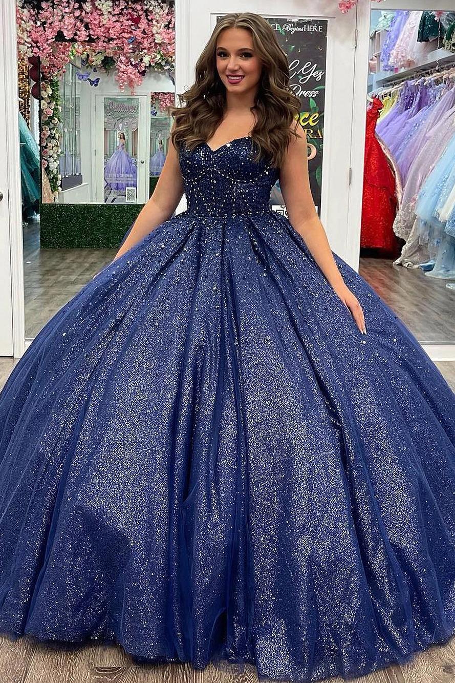 Elegant & Classic Ball Gown Sweetheart Neck Sleeveless Navy Blue Tulle Quinceanera Dress Princess Prom Party Gown For Sweet 16
