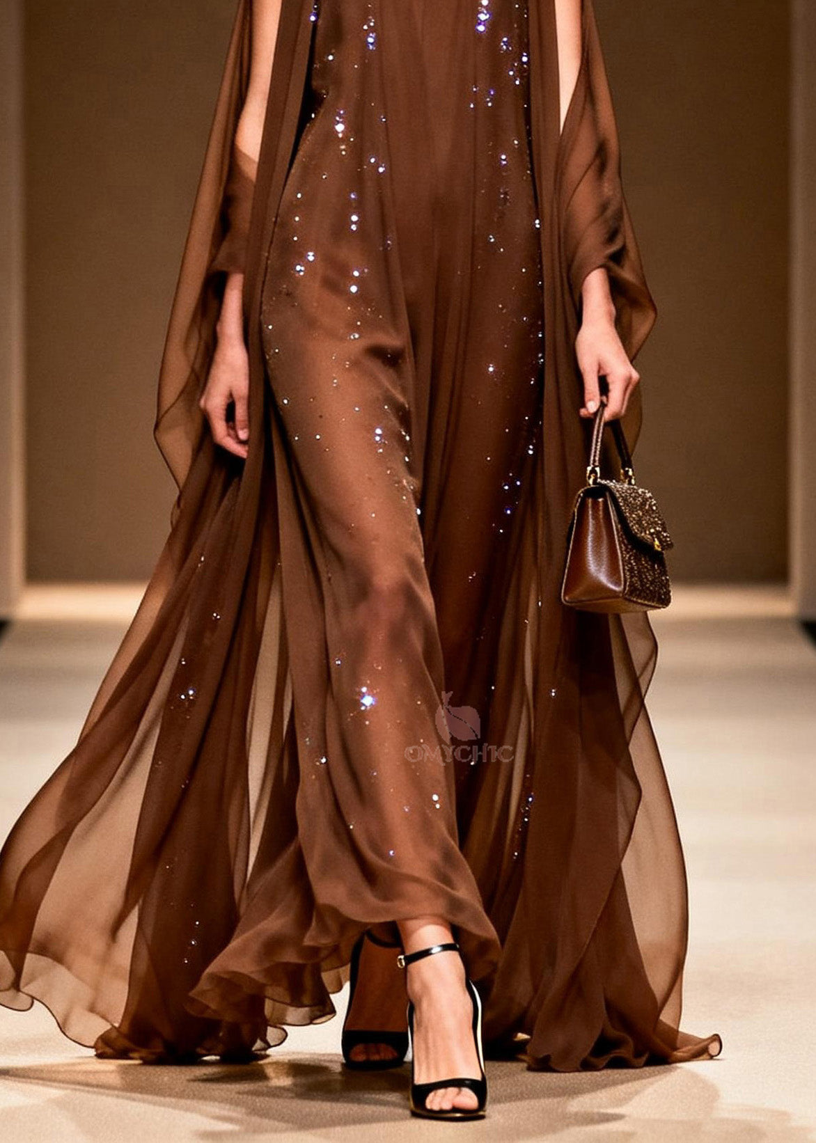 Elegant Coffee Cold Shoulder Zircon Chiffon Maxi Dresses Sleeveless