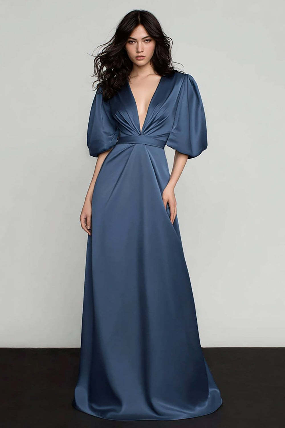 Suzhoufashion Elegant Dark Blue Satin Deep V-Neck A-Line Long Prom Dress With Sleeves