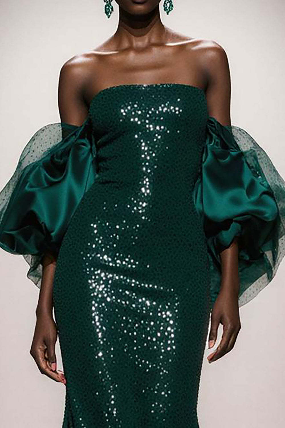 Suzhoufashion Elegant Dark Green Mermaid Strapless Sequin Long Prom Dress With Sleeves