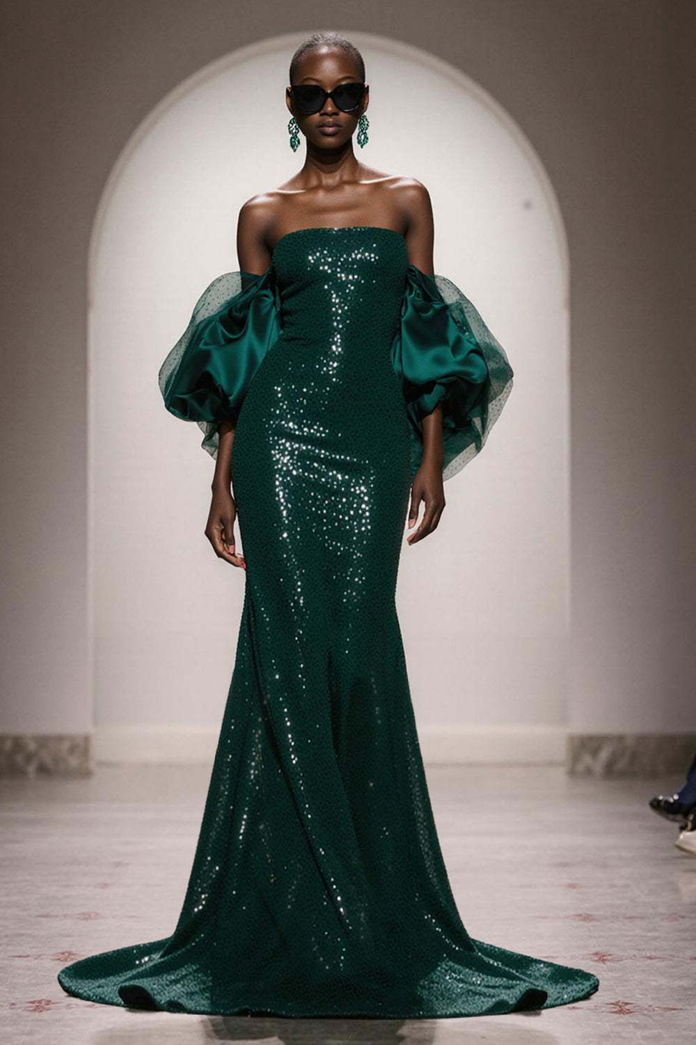 Suzhoufashion Elegant Dark Green Mermaid Strapless Sequin Long Prom Dress With Sleeves