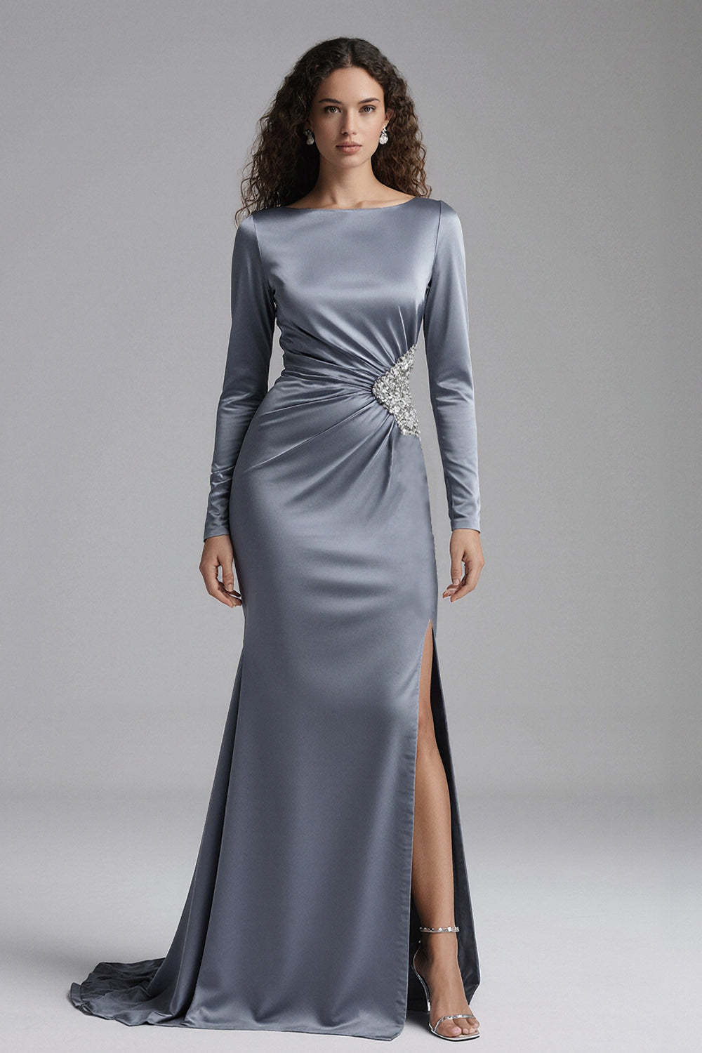Suzhoufashion Elegant Dusty Blue Beaded Mermaid Long Satin Evening Dress With Slit
