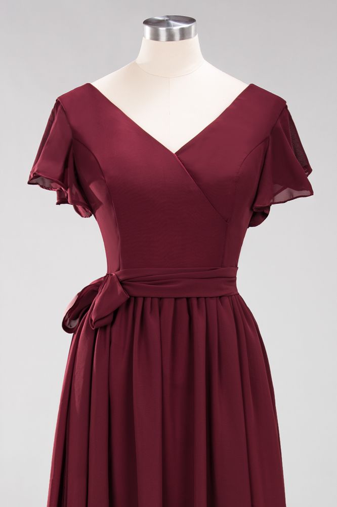 Elegant Elegant V-Neck Short Sleeve Bridesmaid Dresses with Bow Sash Long Chiffon