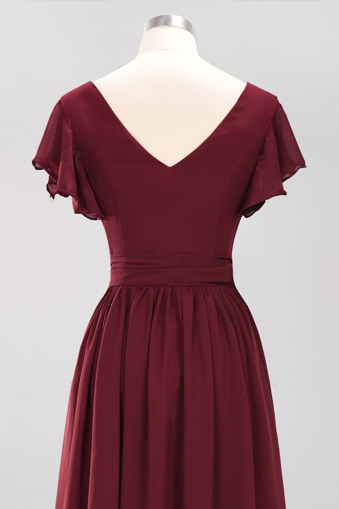 Elegant Elegant V-Neck Short Sleeve Bridesmaid Dresses with Bow Sash Long Chiffon